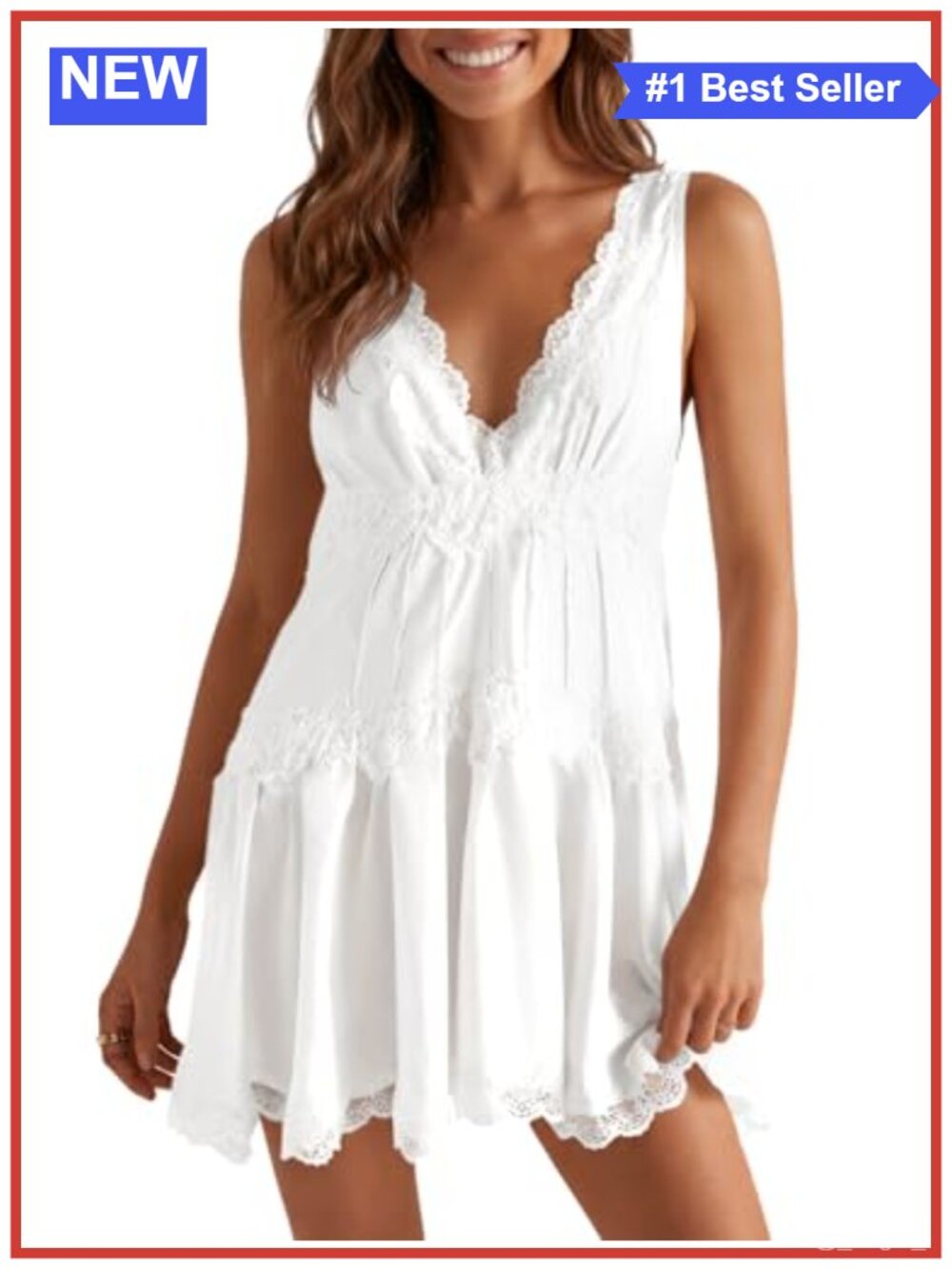 Wenrine Satin Lace Babydoll Mini Dress V-Neck A-Line Sleeveless
